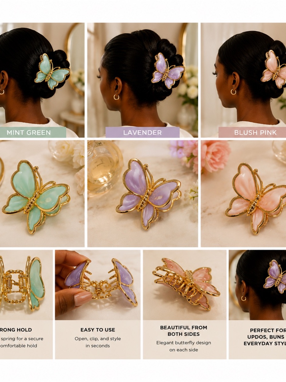 Set of 3 Butterfly Hair Claw Clip - Mint Green, Lavender, Blush Pink